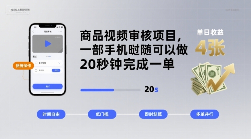 商品视频审核项目，一部手机随时随地都可以做，20秒钟完成一单，单日收益 4张【揭秘】-星云网创