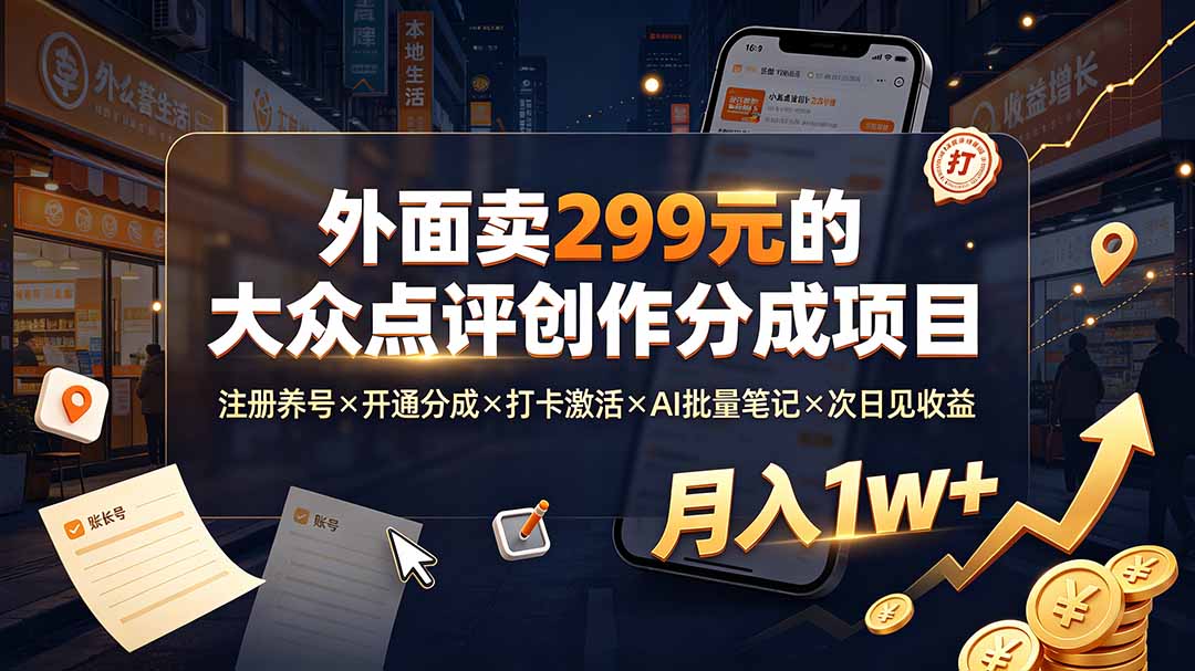 外面卖299元的大众点评创作分成项目：注册养号×开通分成×打卡激活×AI批量笔记×次日见收益，月入1w+-星云网创