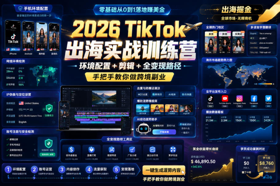 2026 TikTok出海实战训练营，环境配置 + 剪辑 + 全变现路径，手把手教你做跨境副业-星云网创