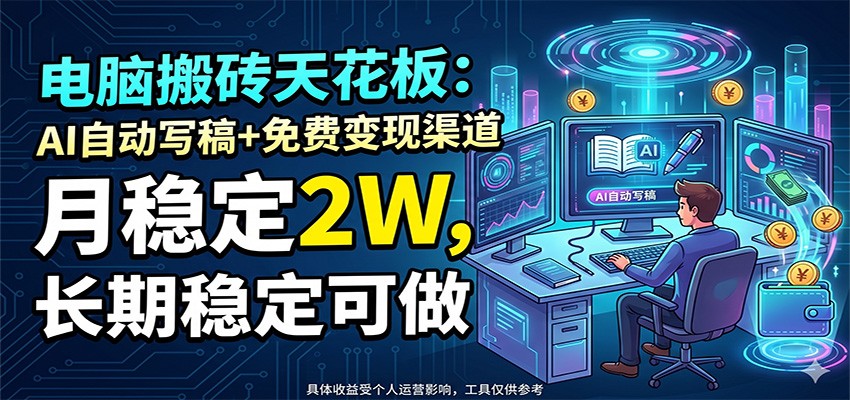 电脑搬砖天花板：AI自动写稿+免费变现渠道，月稳定2W，长期稳定可做-星云网创