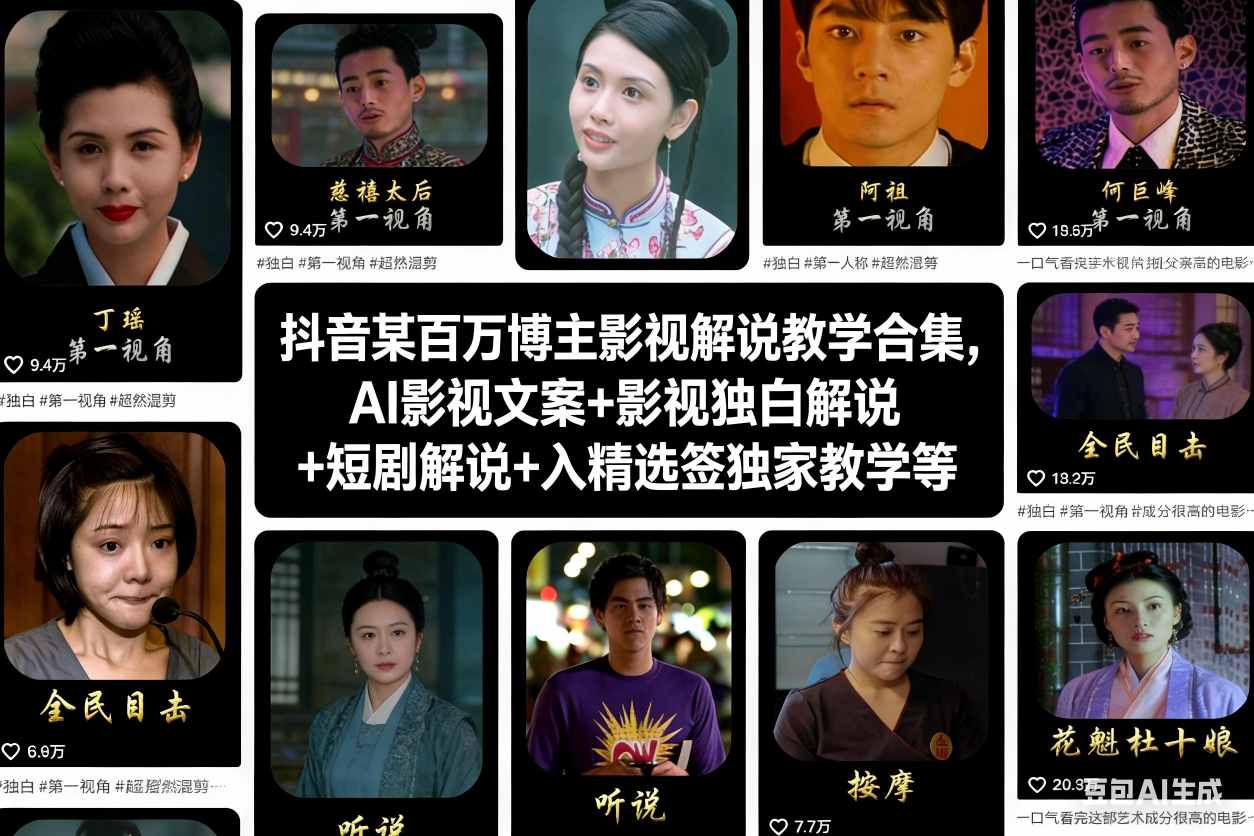 抖音某百万博主影视解说教学合集,AI影视文案+影视独白解说+短剧解说+入精选签独家教学等-翻身路网创