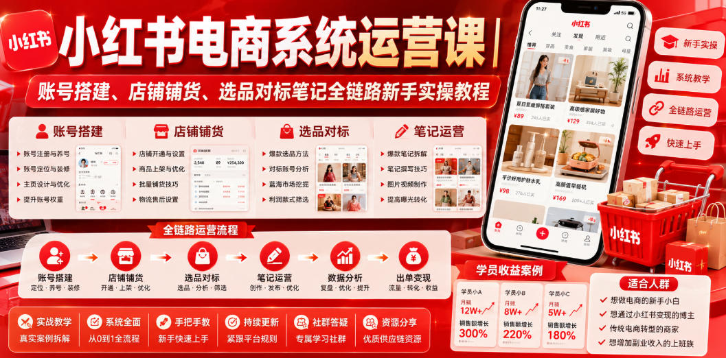 小红书电商系统运营课|账号搭建、店铺铺货、选品对标笔记全链路新手实操教程-星云网创