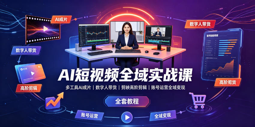 AI短视频全域实战课｜多工具AI成片、数字人带货、剪映高阶剪辑、账号运营全域变现全套教程-星云网创
