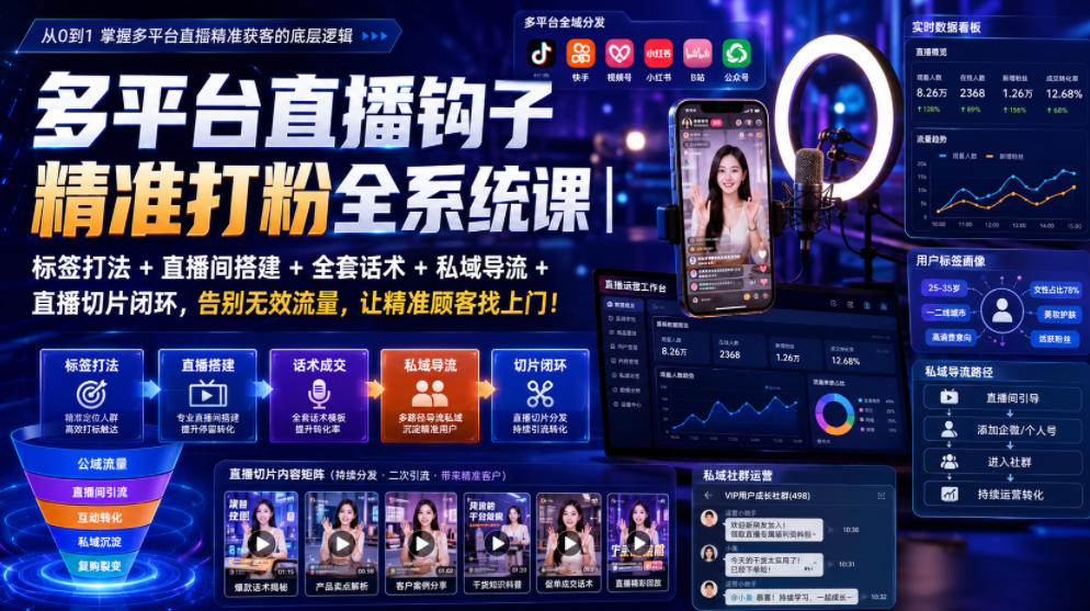 多平台直播钩子精准打粉全系统课｜标签打法+直播间搭建+全套话术+私域导流+直播切片闭环，告别无效流量，让精准顾客找上门！-星云网创