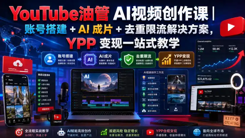 YouTube油管AI视频创作课|账号搭建+AI成片+去重限流解决方案,YPP变现一站式教学