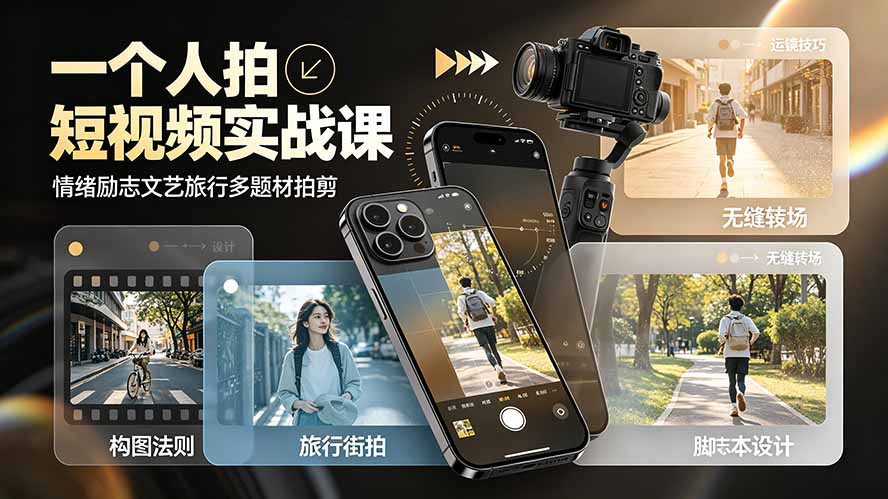 一个人拍短视频实战课：情绪励志文艺旅行多题材×五大景别×黄金构图×八大运镜，从拍摄到成片高效创作-星云网创