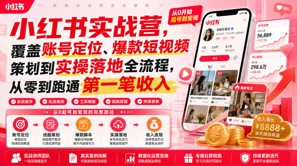 小红书实战营，覆盖账号定位、爆款短视频策划到实操落地全流程，从零到跑通第一笔收入-星云网创