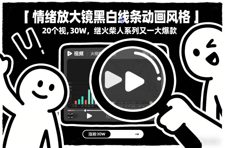 情绪放大镜黑白线条动画风格，20个视频，涨粉30W，继火柴人系列又一大爆款-问题不大网创