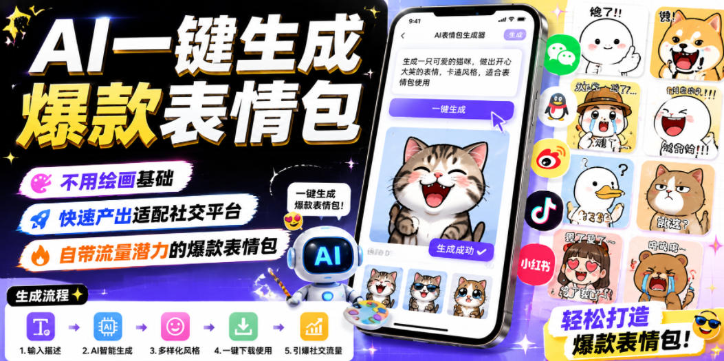 AI一键生成爆款表情包，不用绘画基础，快速产出适配社交平台，自带流量潜力的爆款表情包-星云网创