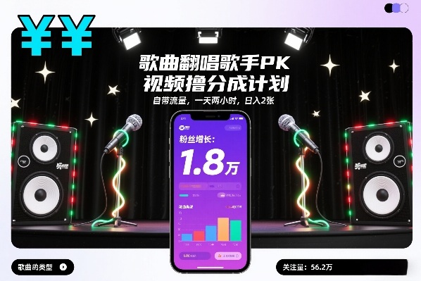 歌曲翻唱歌手PK视频撸分成计划，自带流量，一天两小时，日入2张-星云网创