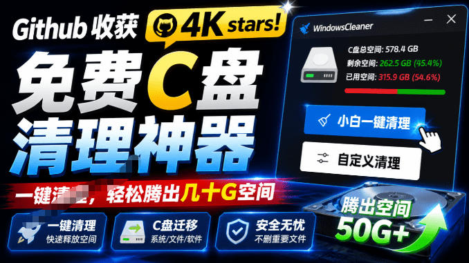 Github收获4K stars！免费C盘清理神器，轻松腾出几十G空间，支持C盘迁移Windows Cleaner-星云网创