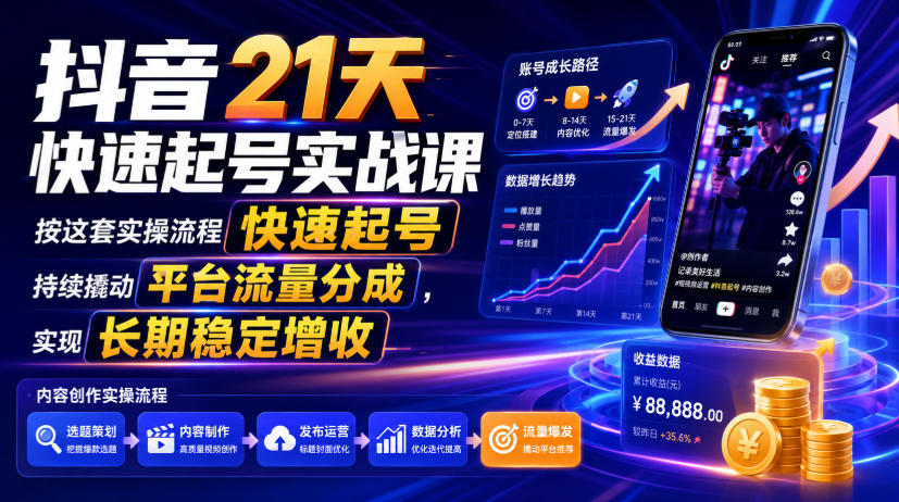 抖音21天快速起号实战课，按这套实操流程快速起号，持续撬动平台流量分成，实现长期稳定增收-星云网创