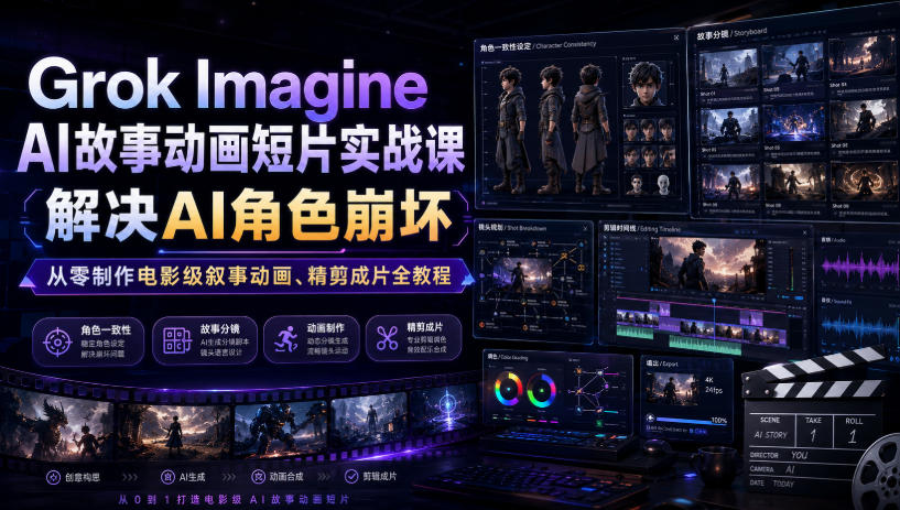 Grok Imagine AI故事动画短片实战课｜解决AI角色崩坏，从零制作电影级叙事动画、精剪成片全教程(中英字幕)-星云网创