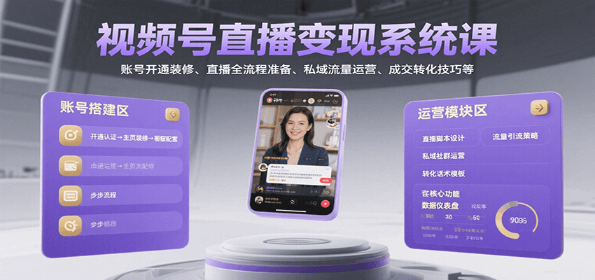 视频号直播变现系统课，账号开通装修、直播全流程准备、私域流量运营、成交转化技巧等-星云网创