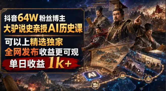 抖音64W粉丝博主大驴说史亲授AI历史课，可以上精选独家，全网发布收益更可观，单日收益1k+（更新）