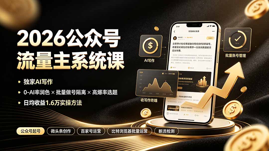 2026公众号流量主系统课：独家AI写作×0-AI率润色×批量做号隔离×高爆率选题，日均收益1.6万实操方法-星云网创