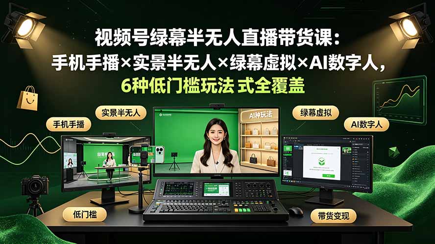 视频号绿幕半无人直播带货课：手机手播×实景半无人×绿幕虚拟×AI数字人，6种低门槛玩法全覆盖-星云网创