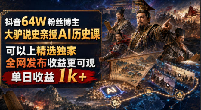 抖音64W粉丝博主大驴说史亲授AI历史课，可以上精选独家，全网发布收益更可观，单日收益1k+-星云网创