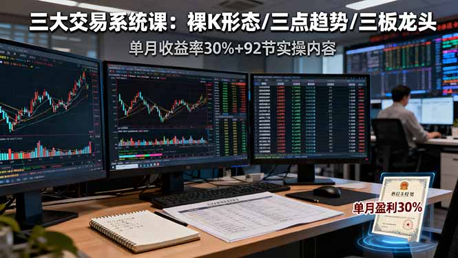 三大交易系统课：裸K形态/三点趋势/三板体系，单月收益率30%+92节实操内容-云网创