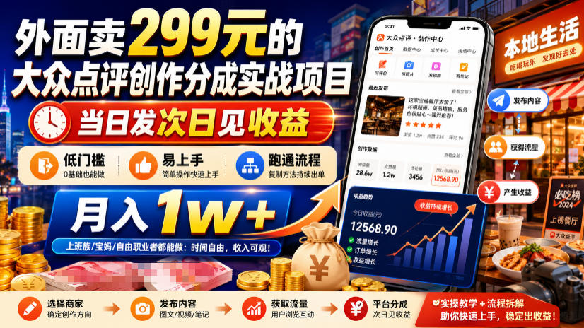 外面卖299元的大众点评创作分成实战项目，当日发次日见收益，低门槛易上手，跑通流程月入1w+-星云网创