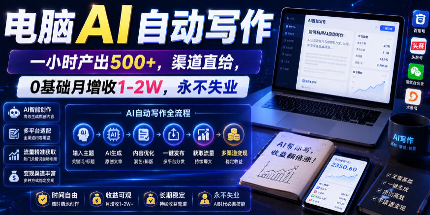 电脑AI自动写作，一小时产出500+，渠道直给，0基础月增收1-2W，永不失业【揭秘】-星云网创