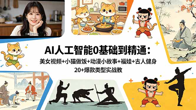 AI人工智能0基础到精通：美女视频+小猫做饭+动漫小故事+福娃+古人健身，20+爆款类型实战教学-星云网创