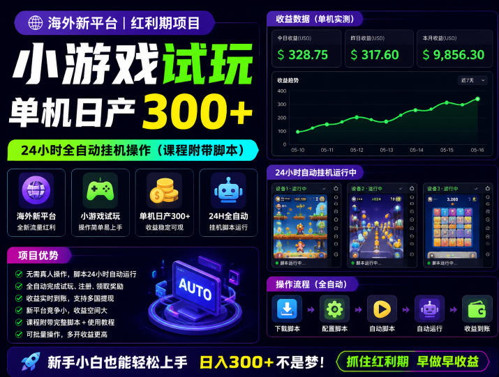 海外新平台,小游戏试玩,单机日产300+,24小时全自动挂G操作(课程附带脚本)【揭秘】-星云网创