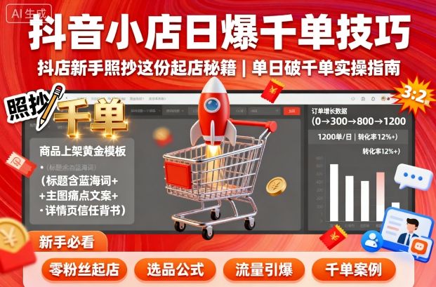 抖音小店日爆千单技巧，抖店新手照抄这份起店秘籍，单日破千单-柚子轻创