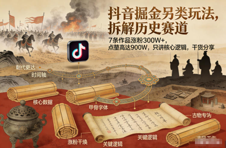 抖音掘金另类玩法,拆解历史赛道,7条作品涨粉300W+,点赞量高达900W,只讲核心逻辑,干货分享-星云网创