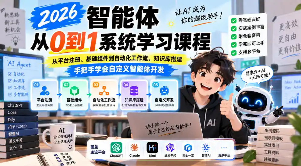 2026智能体从0到1系统学习课程,从平台注册、基础组件到自动化工作流、知识库搭建,手把手学会自定义智能体开发