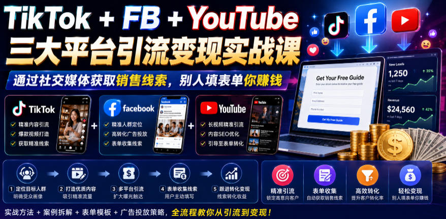 TikTok+FB+YouTube三大平台引流变现实战课，通过社交媒体获取销售线索，别人填表单你賺钱【原创双语字幕】-星云网创
