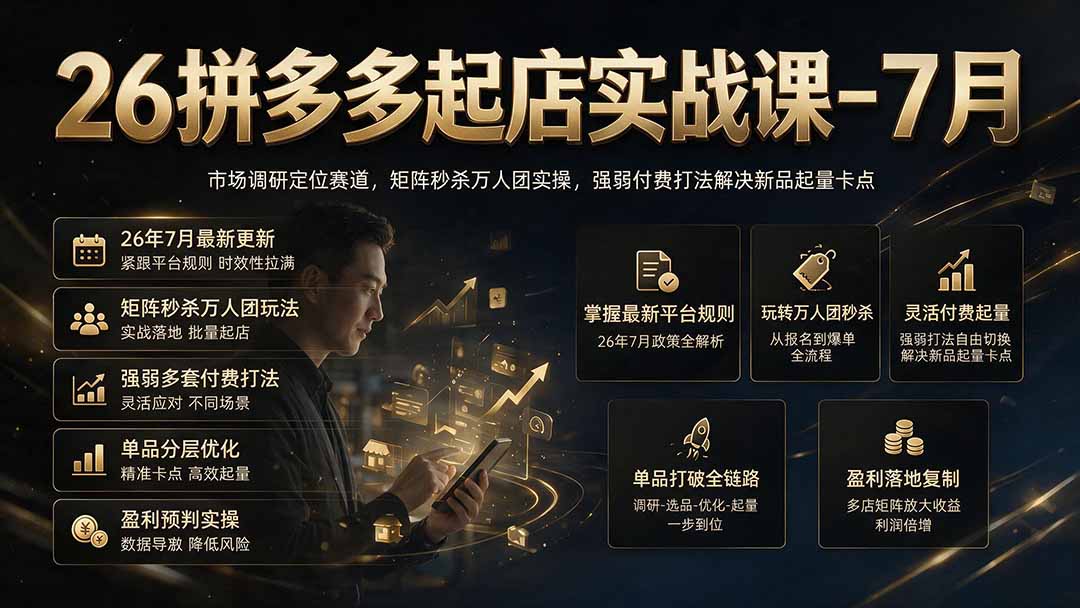 26拼多多起店实战课-7月｜市场调研定位赛道，矩阵秒杀万人团实操，强弱付费打法解决新品起量卡点-星云网创