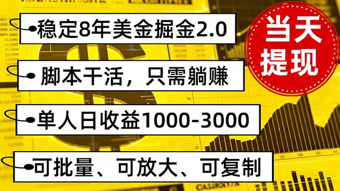 稳定8年美金掘金2.0脚本干活，只需躺赚。单人日收益1000-3000可批量、…-柚子轻创