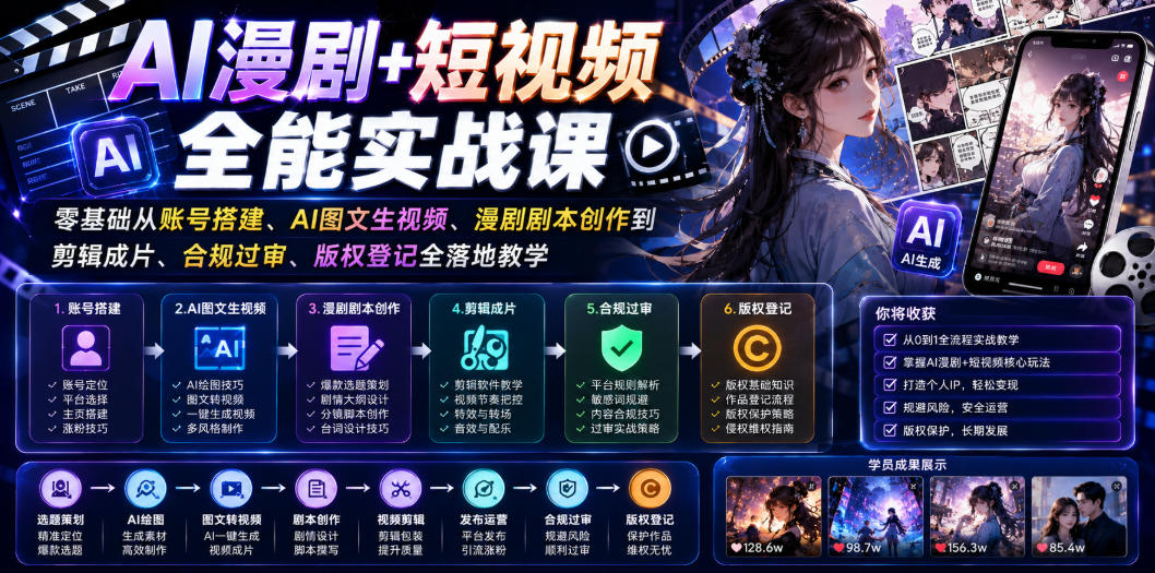 AI漫剧+短视频全能实战课｜零基础从账号搭建、AI图文生视频、漫剧剧本创作到剪辑成片、合规过审、版权登记全落地教学-星云网创