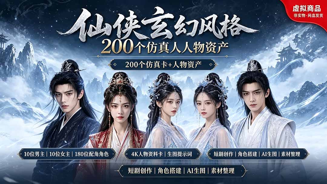 200个仙侠玄幻仿真人素材◆10男主×10女主×180配角,4K资料卡+AI生图提示词,漫剧必备-星云网创