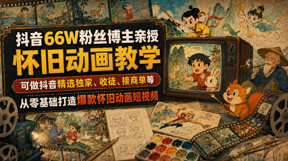 抖音66W粉丝博主亲授怀旧动画教学，可做抖音精选独家、收徒、接商单等，从零基础打造爆款怀旧动画短视频-星云网创