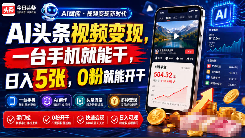 AI头条视频变现，一台手机就能干，日入5张，0粉就能开干-星云网创