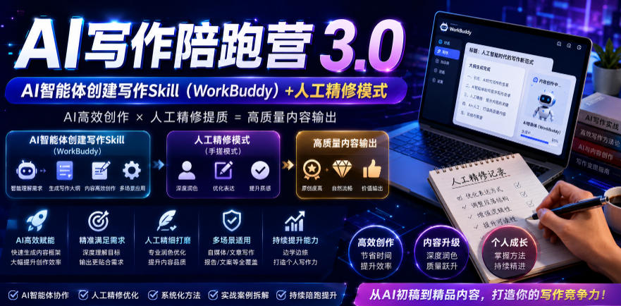 AI写作陪跑营3.0，Ai智能体创建写作skill(workbuddy)+人工手写模式(手搓模式)，去除AI痕迹(头条号、公众号、百家号)-星云网创