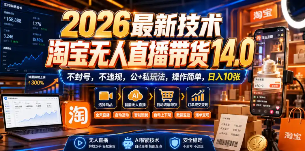2026最新技术，淘宝无人直播带货14.0，不封号，不违规，公+私玩法，操作简单，日入10张【揭秘】-星云网创