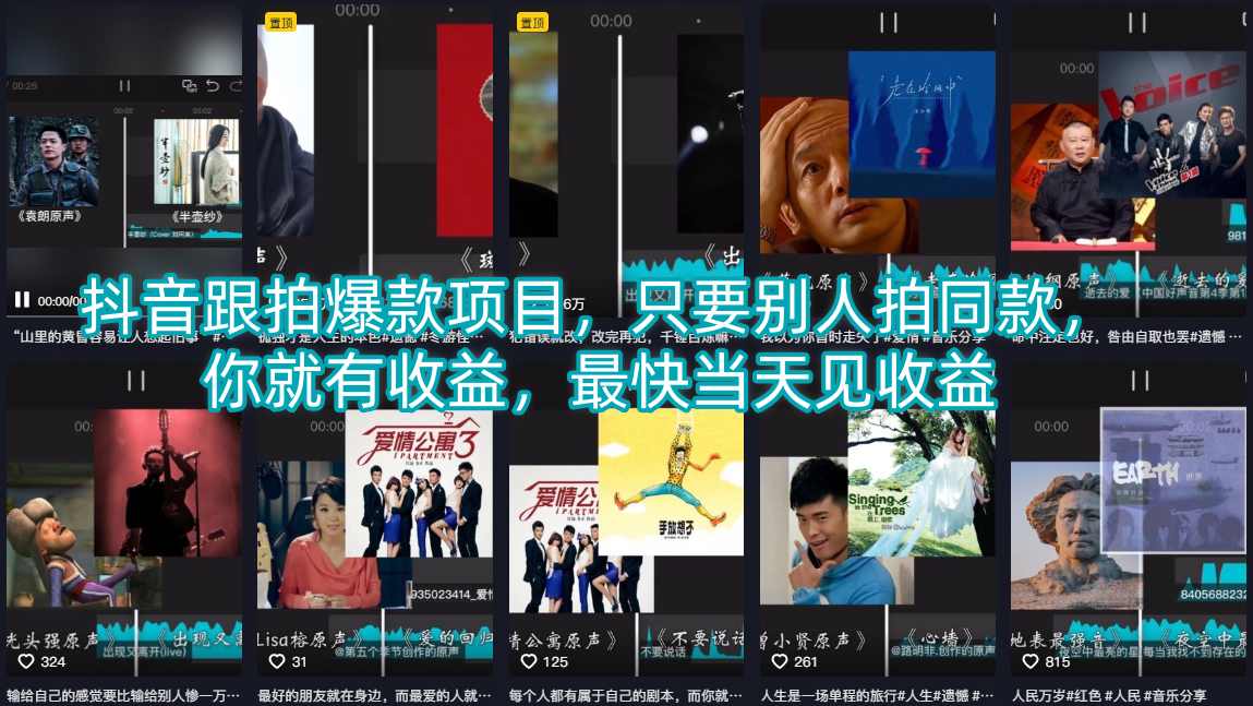 抖音跟拍爆款项目，只要别人拍同款，你就有收益，最快当天见收益-星云网创