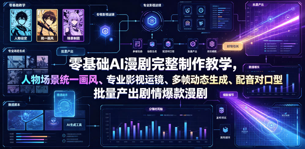 零基础AI漫剧完整制作教学，人物场景统一画风、专业影视运镜、多帧动态生成、配音对口型，批量产出剧情爆款漫剧-星云网创
