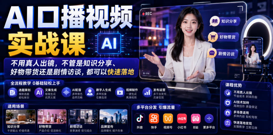 AI口播视频实战课，不用真人出镜，不管是知识分享、好物带货还是剧情访谈，都可以快速落地-星云网创