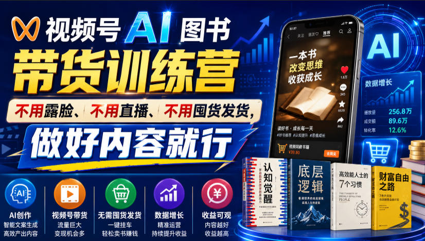 视频号AI图书带货训练营，不用露脸、不用直播、不用囤货发货，做好内容就行，一条爆款视频佣金8942-星云网创