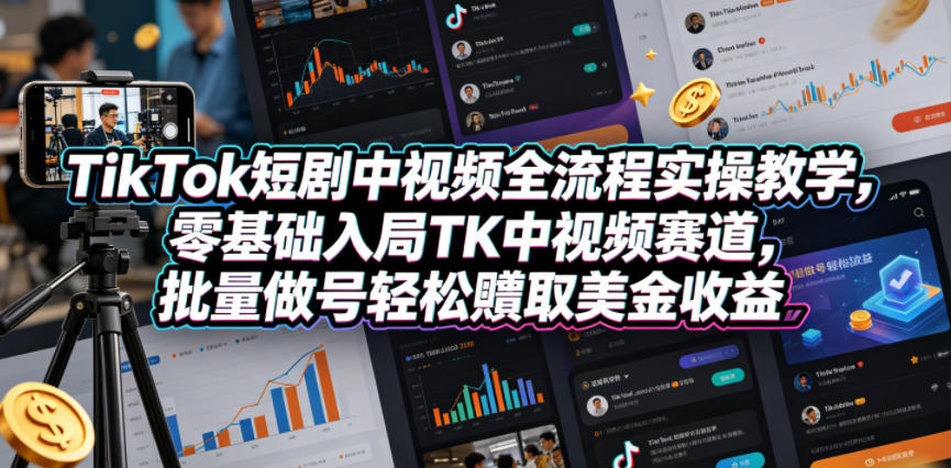 TikTok短剧中视频全流程实操教学，零基础入局TK中视频赛道，批量做号轻松賺取美金收益-星云网创