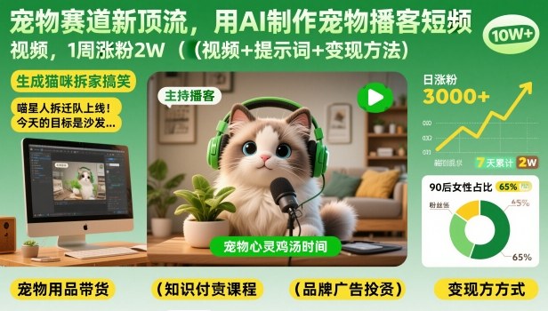 宠物赛道新顶流，用AI制作宠物播客短视频，1周涨粉2W(视频+提示词+变现方法)-星云网创