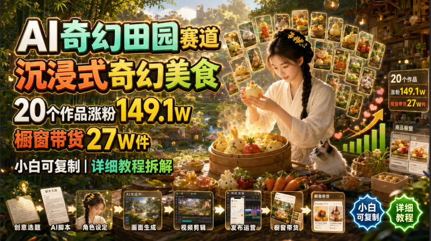 AI奇幻田园赛道，沉浸式奇幻美食，20个作品涨粉149.1W，橱窗带货27W件，小白可复制，详细教程拆解-星云网创
