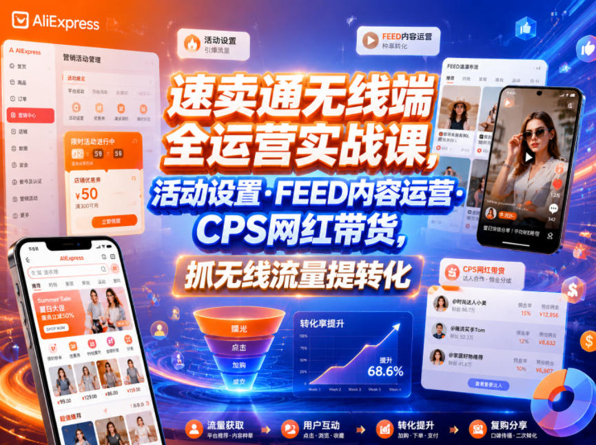 速卖通无线端全运营实战课，活动设置・FEED内容运营・CPS网红带货，抓无线流量提转化-星云网创