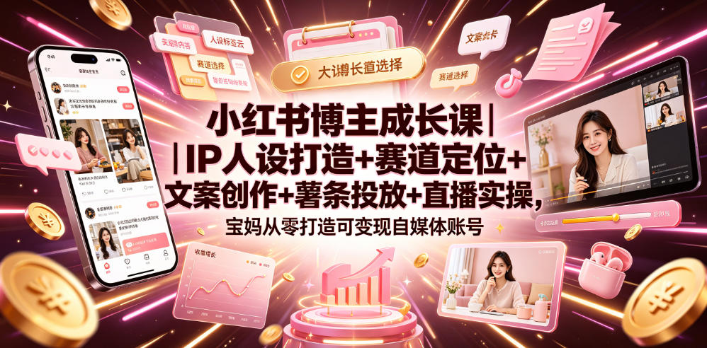 小红书博主成长课｜IP人设打造+赛道定位+文案创作+薯条投放+直播实操，宝妈从零打造可变现自媒体账号-星云网创