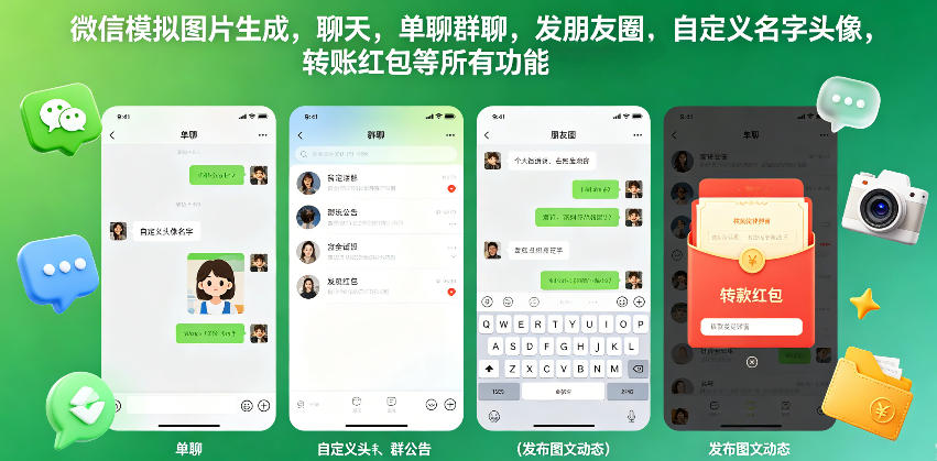 微信模拟图片生成，聊天，单聊群聊，发朋友圈，自定义名字头像，转账红包等所有功能都可以生成-星云网创