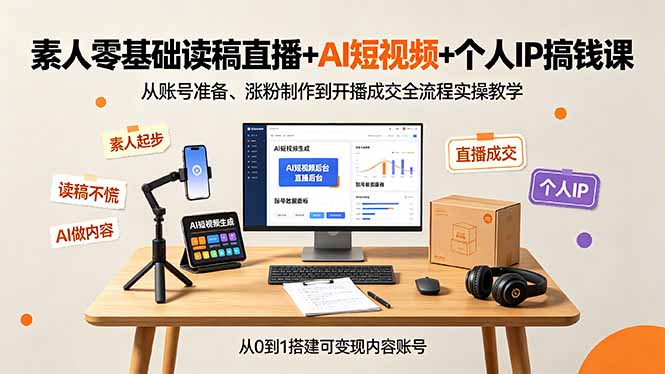 素人零基础读稿直播+AI短视频+个人IP搞钱课，从账号准备、涨粉制作到开播成交全流程实操教学-星云网创